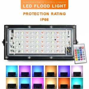 RGB LED Flood Light- Remote Controlled IP66 Waterproof Landscape & Outdoor Lighting (50W, AC220V) – Black Color